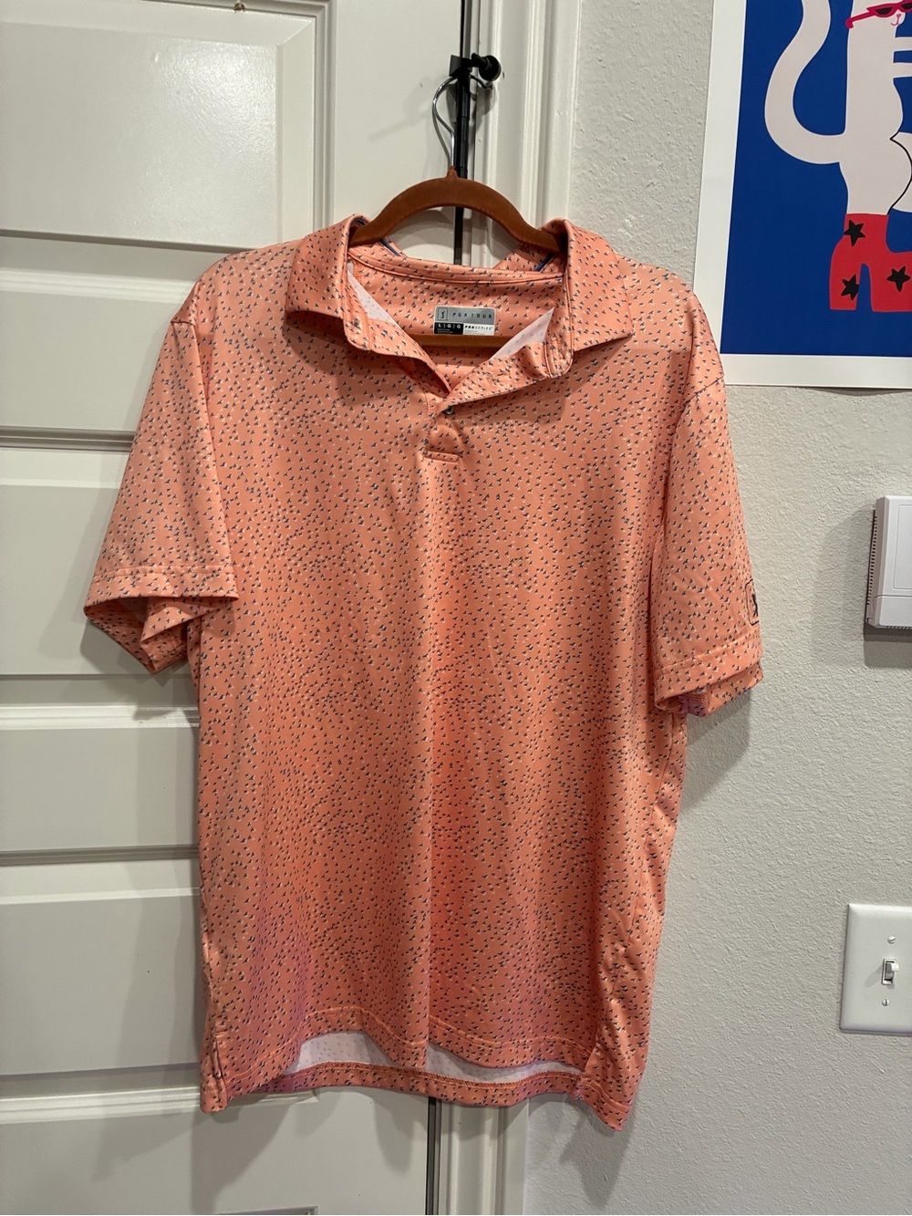 PGA Tour Coral Peach Short-Sleeve Polo with Micro Dot Print